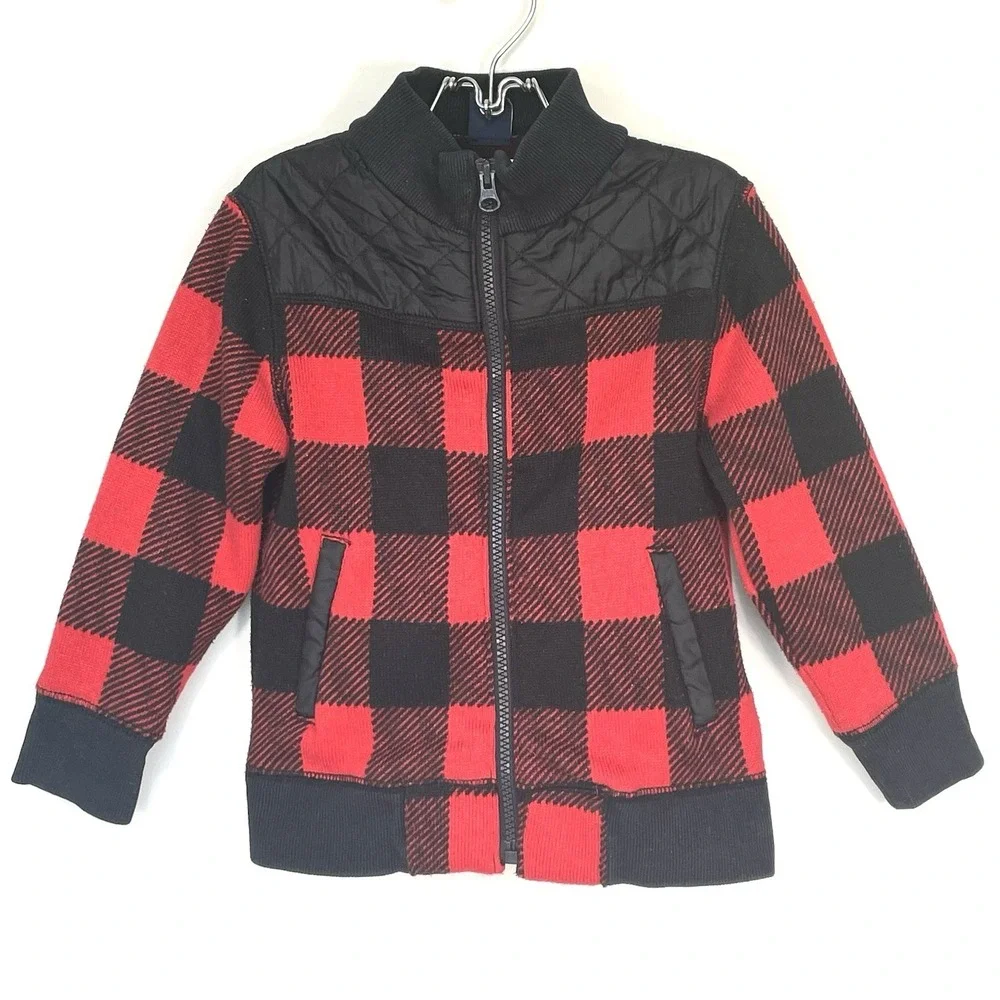 Baby Gap Toddler 4Y Red Black Buffalo Plaid Full Zip Sweater Jacket Quilted